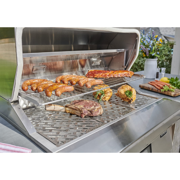 Coyote 28 inch Pellet Grill Island with food cookin